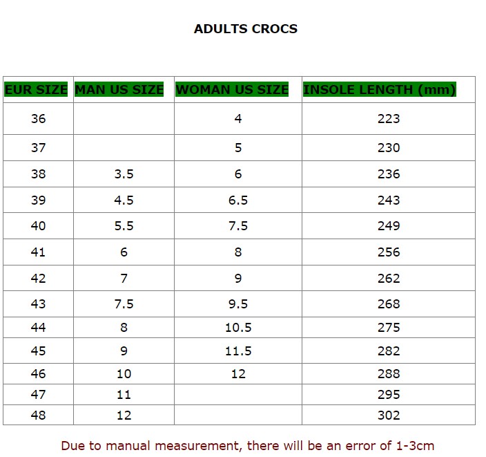 Size Chart Adult Crocs UFamily
