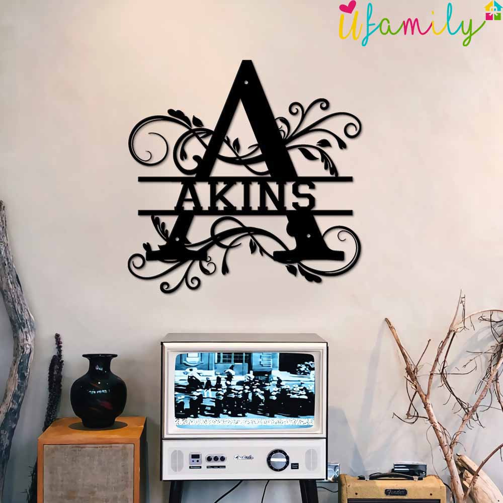 Akins Family Monogram Metal Sign, Family Name Signs