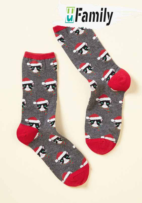 Cat Christmas Gray Socks