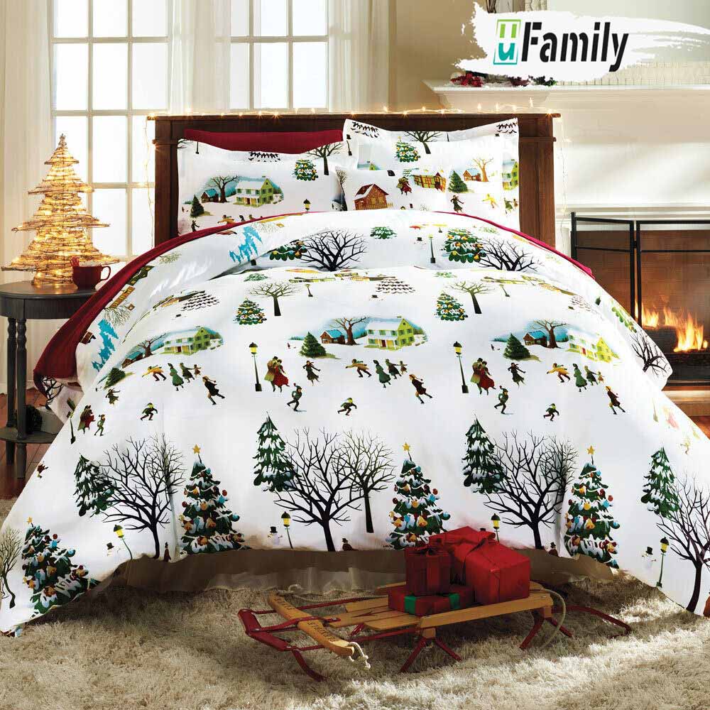 Christmas Retro Old Fashioned City Town Full Bedding Set