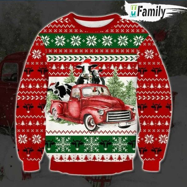Cows And Red Truck Pine Tree Ugly Christmas Sweater