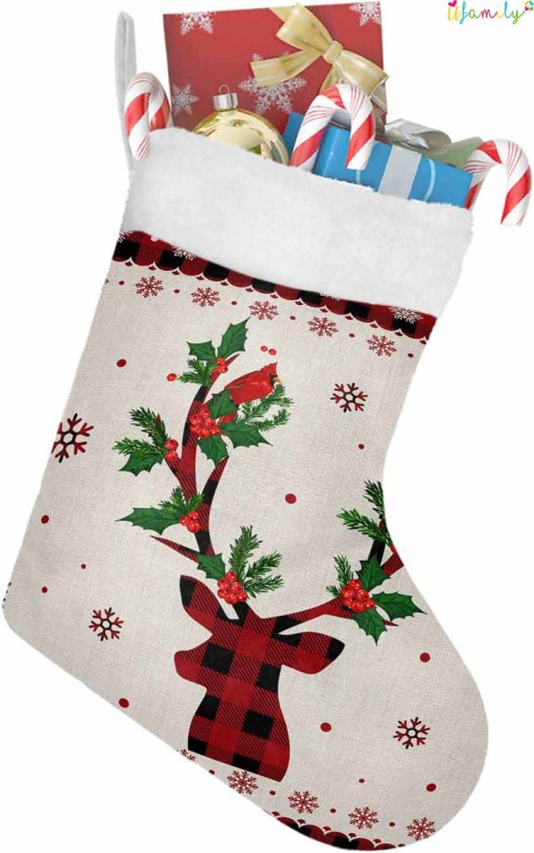Elk Red Snowflake Plaid Vintage Linen, Christmas Stocking