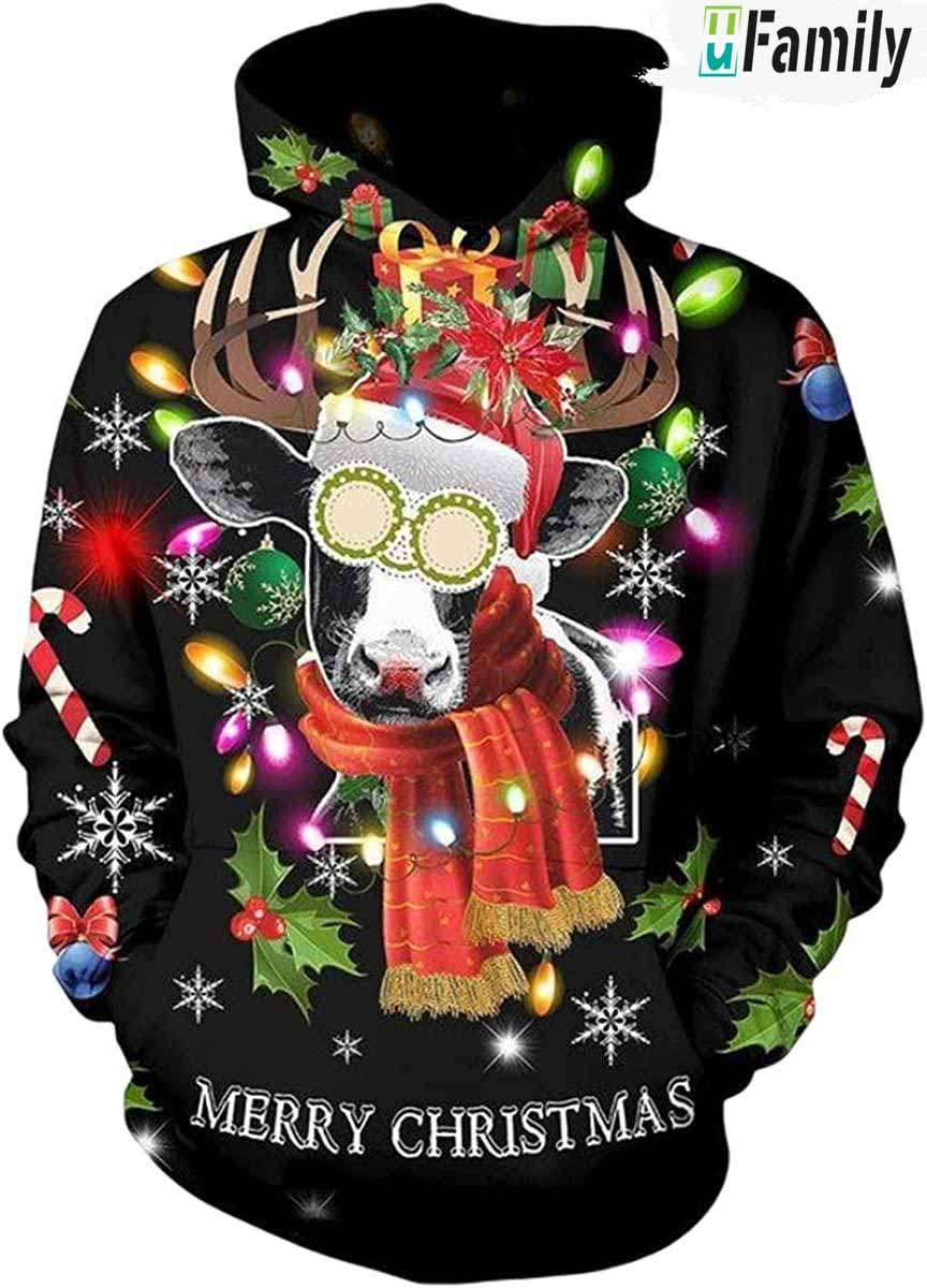 Funny Cow With Pair Of Horns Merry Christmas 3D Hoodie