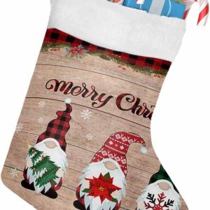 Gnomes and Christmas Trees Winter With Wooden Planks Red Plaid Christmas Stocking