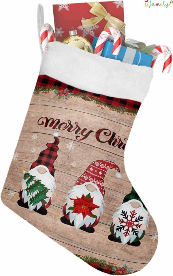 Gnomes and Christmas Trees Winter With Wooden Planks Red Plaid Christmas Stocking