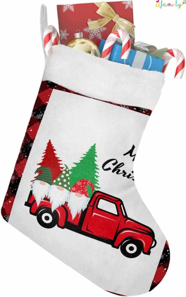 Gnomes on Farm Truck With Snowy Winter Snowflakes And Red Lattice Christmas Stocking