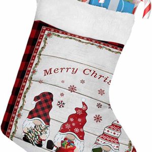 Gnomes on Wooden Planks With Winter Snowflakes Frame Red Grid Christmas Stocking