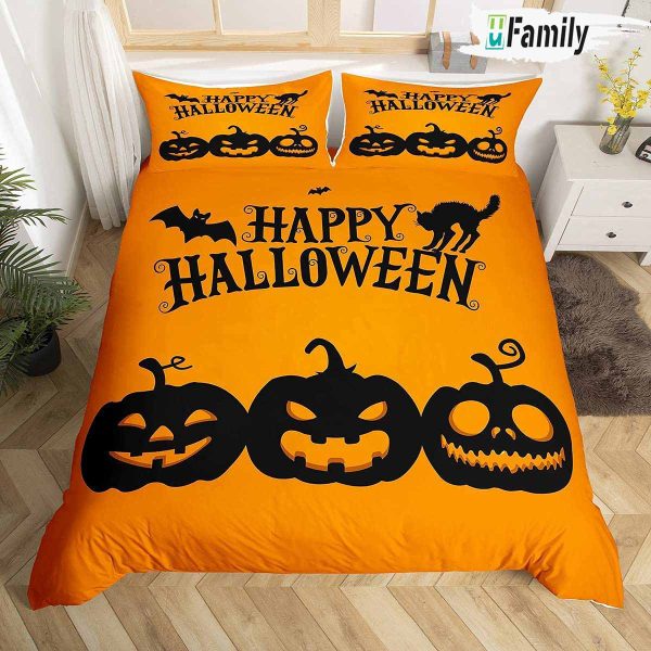 Happy Halloween Bat And Cat Pumpkind Bedding Set
