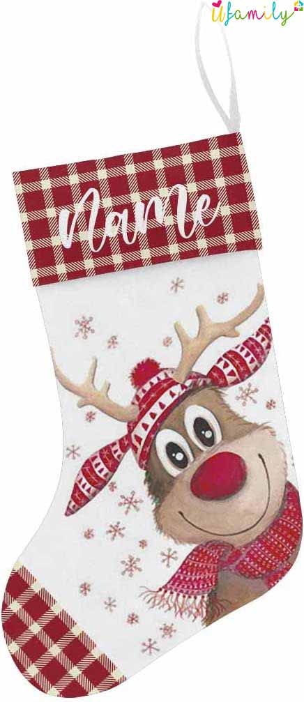 Personalized Name Elk with Red Scarf Christmas Stocking