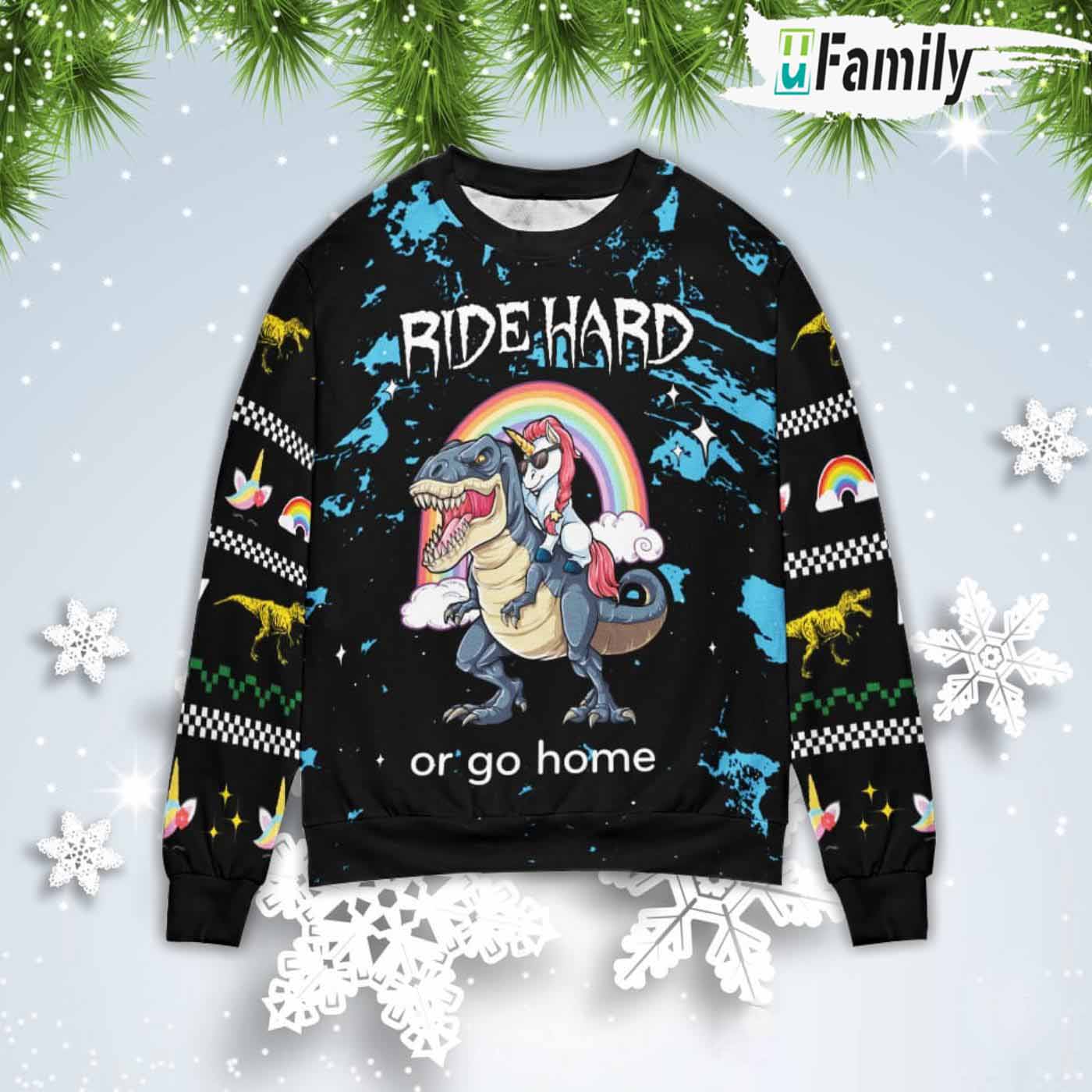 Pink Horse Dinosaur Ride Hard Or Go Home Ugly Christmas Sweater