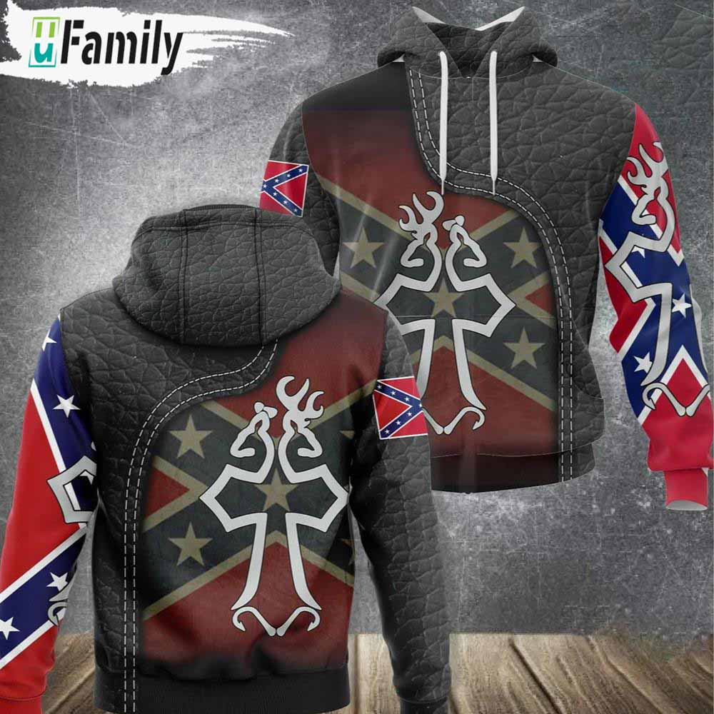Rebel Confederate Flag Southern Hunting Cross Leather 3D Hoodie