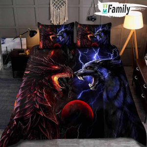 Red And Blue Dragon And Wolf Bedding Set
