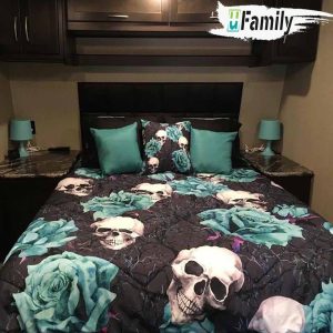 Skull Cyan Rose Gray Bedding Set