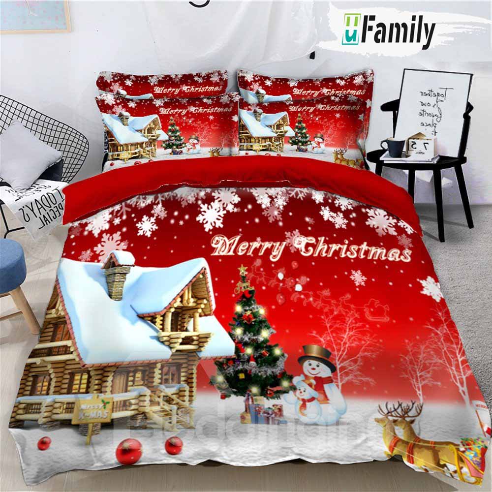 Snowman And Snowkid Merry Christmas Bedding Set