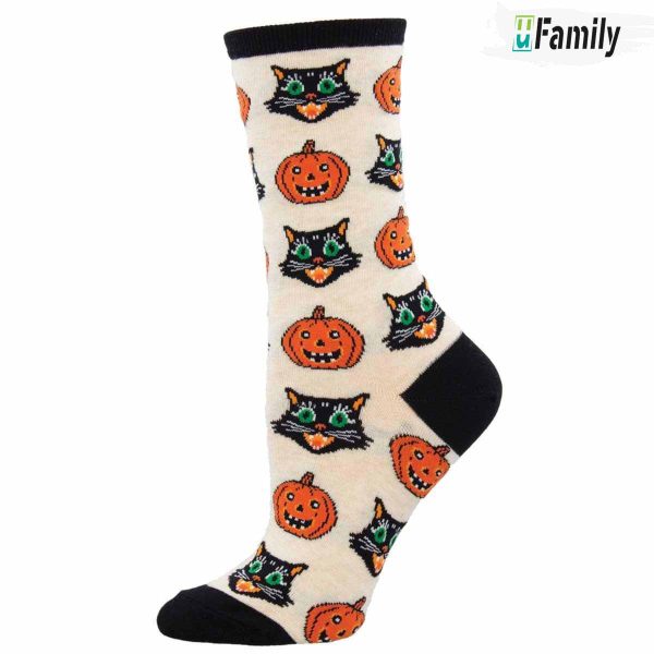 Vintage Halloween Pumpkin And Cat Sock