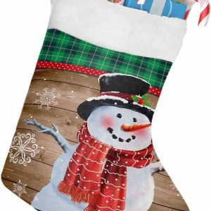 Winter Snowman Snowflakes On Wooden Plan Christmas Stocking