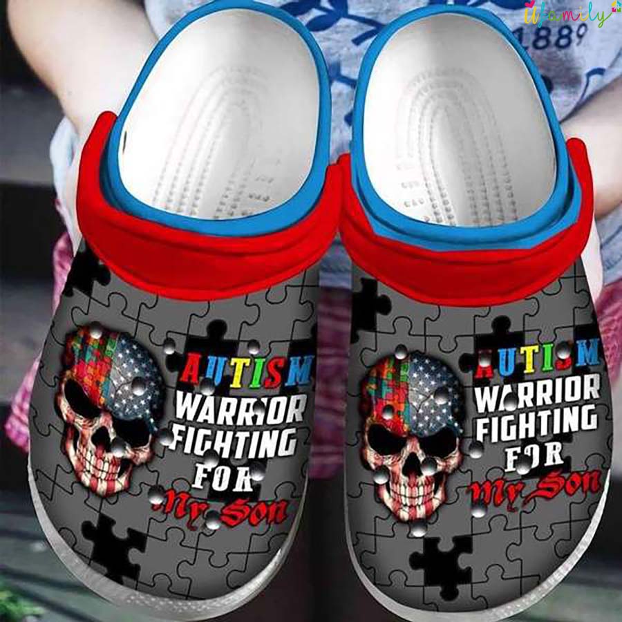 Autism Awareness Day Skull Us Flag Autism Warrior Fighting For My Son Crocs