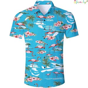 Blue Palm Tree Flamingos Funny Hawaiian Shirt 1