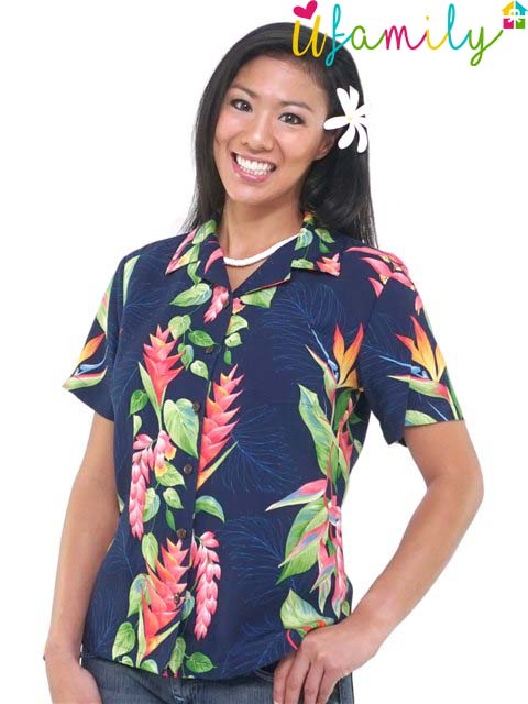 Bop Panel Navy Hawaiian Shirt Women