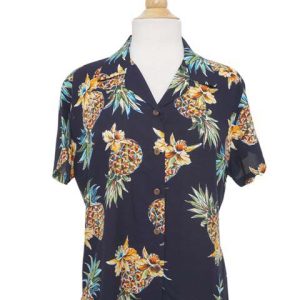Golden Pineapple Navy Hawaiian Shirt Women
