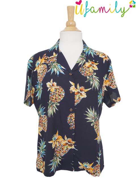 Golden Pineapple Navy Hawaiian Shirt Women