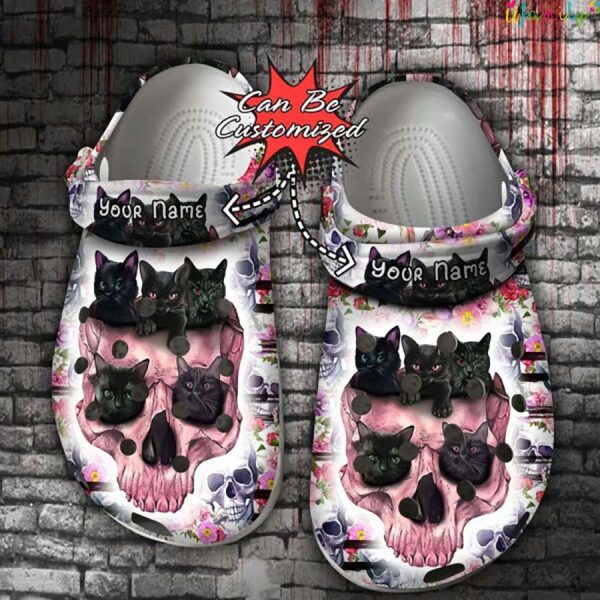 Personalized Black Cat Pink Skull Crocs Halloween