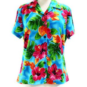 Hibiscus Watercolor Blue Hawaiian Shirt Women