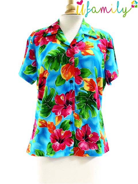 Hibiscus Watercolor Blue Hawaiian Shirt Women