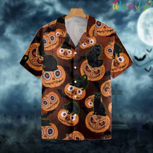 Black Cat Bat And Pumpkin Halloween Hawaiian Shirt 2