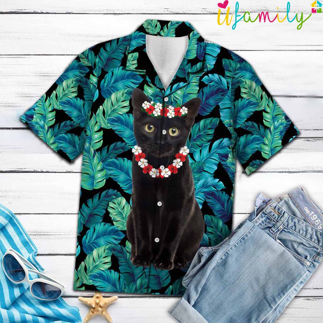 Black Cat Flower Crown Hawaiian Shirt