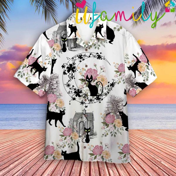 Black Cat Flowers Hawaiian Shirt