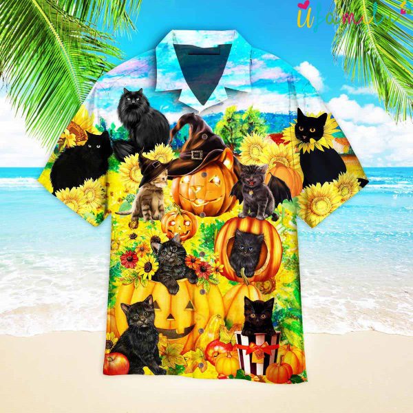 Black Cat Love Sunflower Pumpkin Hawaiian Shirt