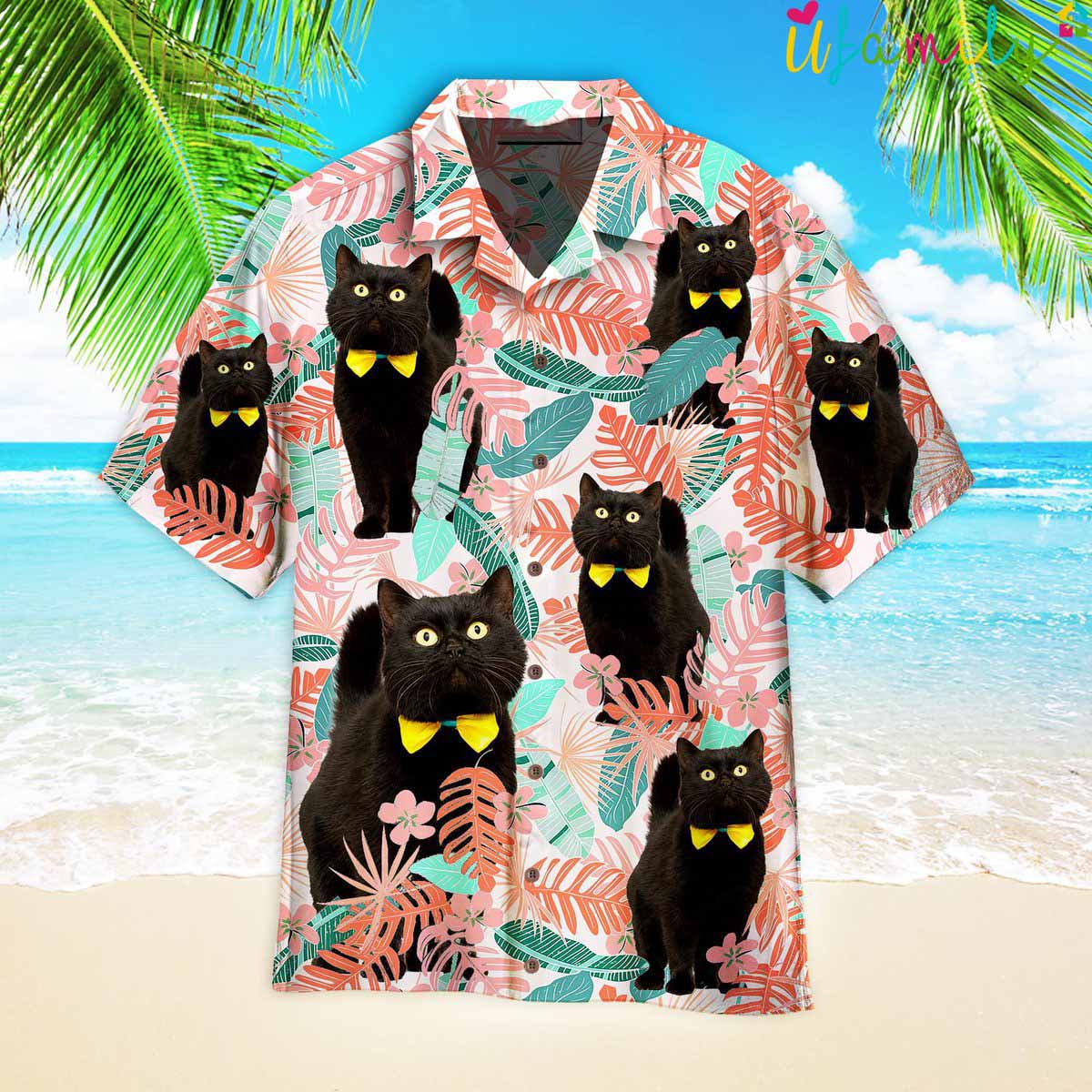 Black Cat Pink Tropical Leaves Hawaiian Shirt