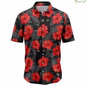 Black Cat Red Flowers Hawaiian Shirt