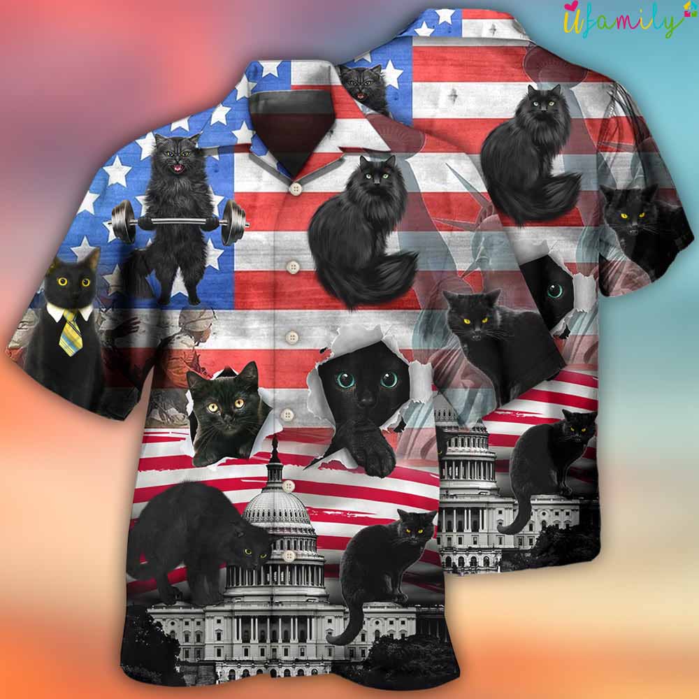Black Cat Torn Independence Day America Hawaiian Shirt