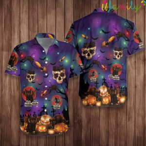 Black Cat With Bat Wings And Skull Hawaiian Shirt 1