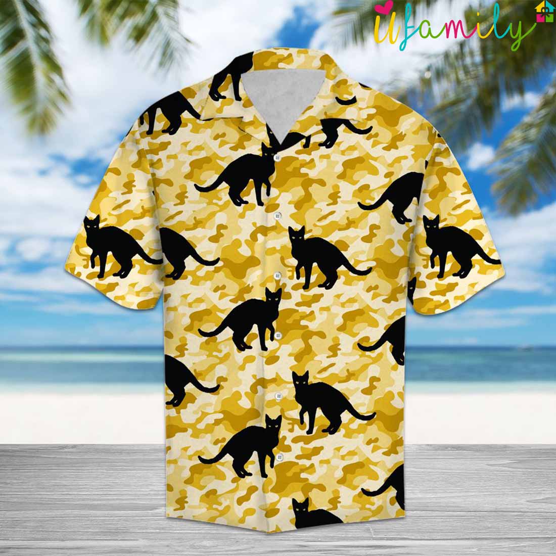 Black Cat Yellow Camo Hawaiian Shirt