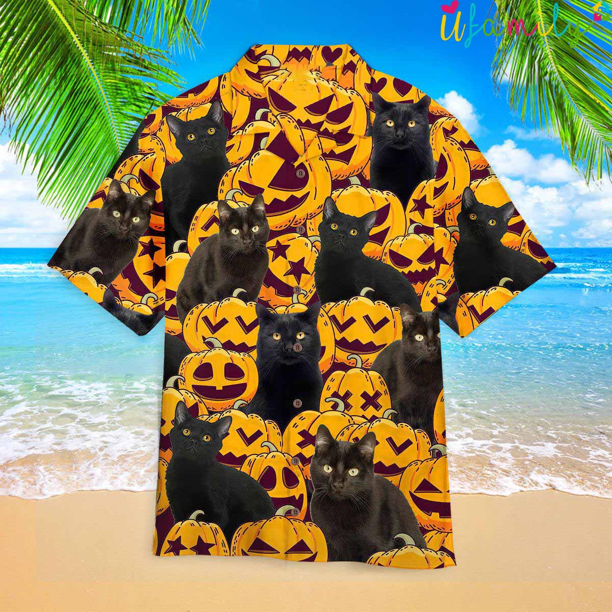 Black Cat Yellow Eyes And Pumpkin Halloween Hawaiian Shirt