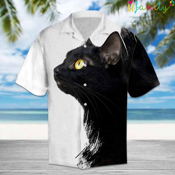 Black Cat Yellow Eyes Cat White Hawaiian Shirt