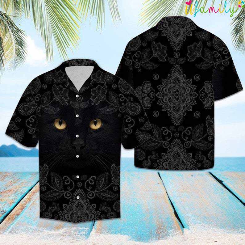 Black Cat Yellow Eyes Patterns Hawaiian Shirt