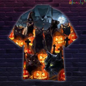 Black Scary Cat Pumpkin Hawaiian Shirt