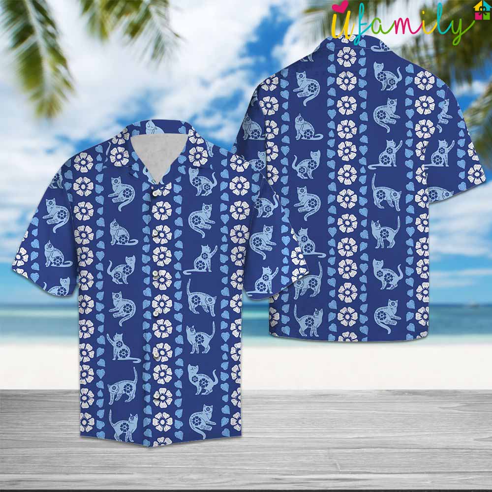 Cat Blue Flora Hawaiian Shirt