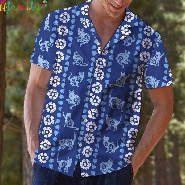 Cat Blue Flora Hawaiian Shirt