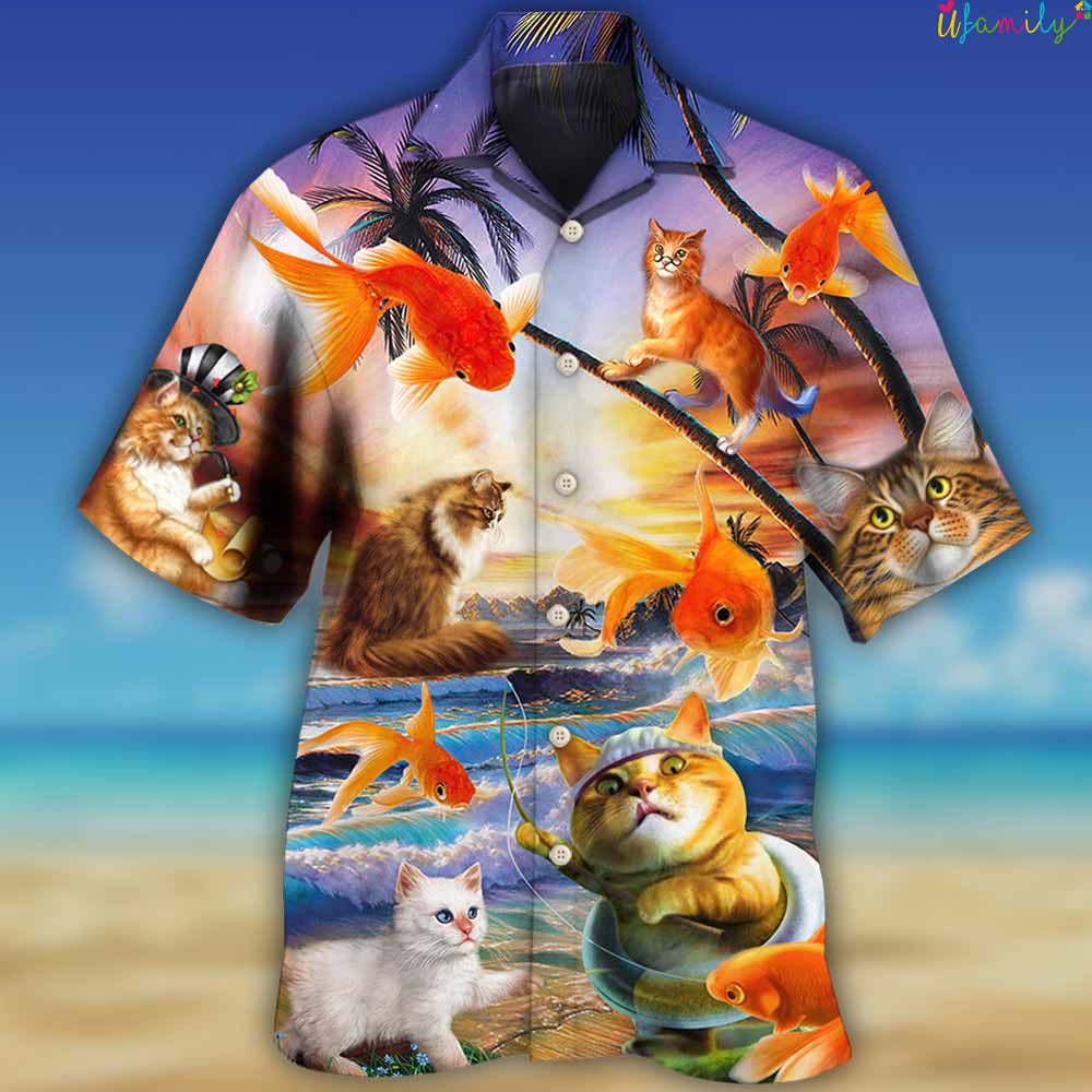 Cat Catching Fish Hawaiian Shirt