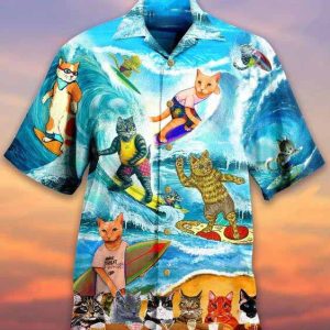 Cat Surfing And Drinking Hawaiian Shirt