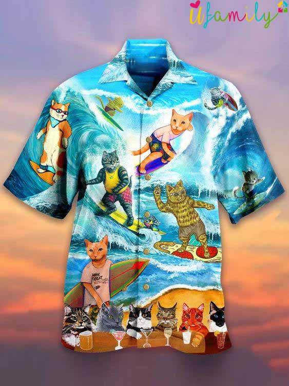 Cat Surfing And Drinking Hawaiian Shirt