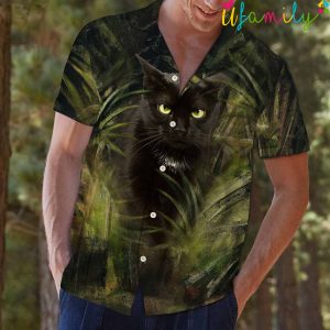 Cool Black Cat Yellow Eyes Hawaiian Shirt 2