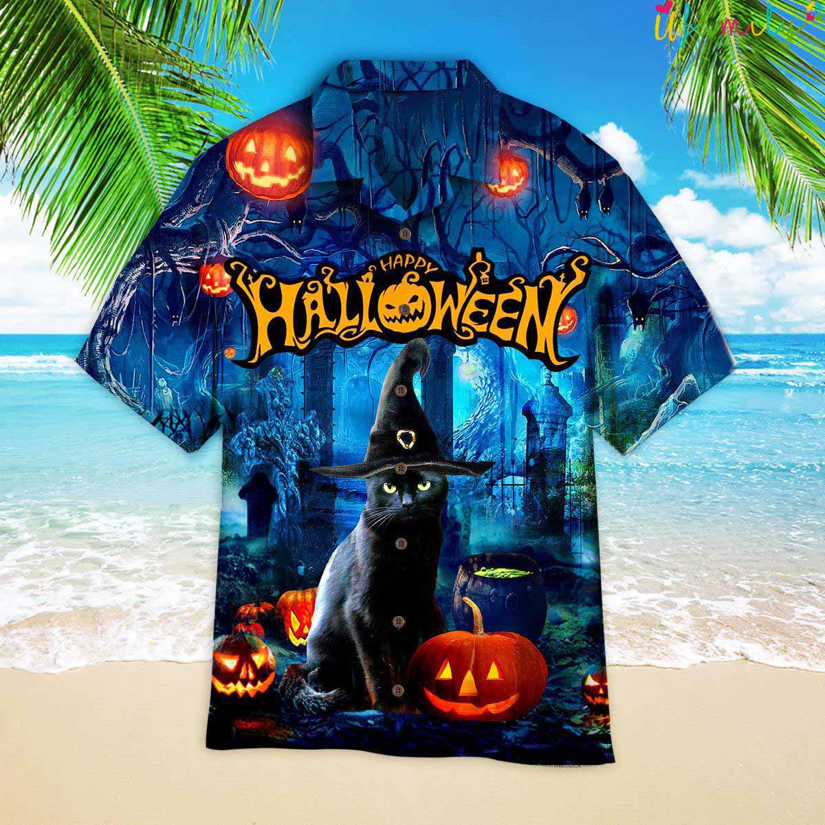 Halloween Black Cat Witch Cemetery Hawaiian Shirt