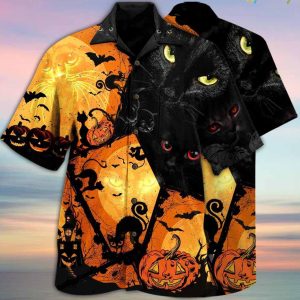 Pumpkin Black Cat And Bat Hawaiian Shirt