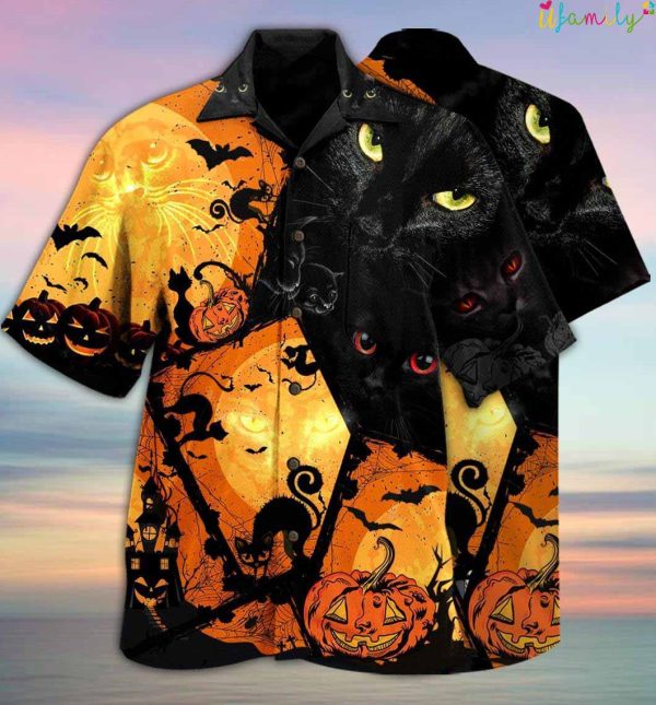 Pumpkin Black Cat And Bat Hawaiian Shirt
